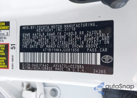 2018 Toyota Camry Le z USA, uszkodzony, nr VIN 4T1B11HK4JU061956